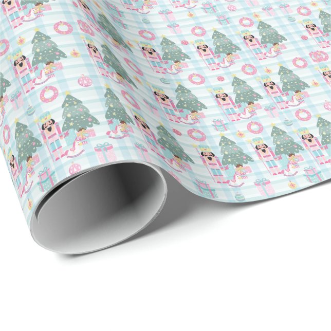 Cute Gingham Rosa Jul Nutcracker Presentpapper (Rullad Hörn)