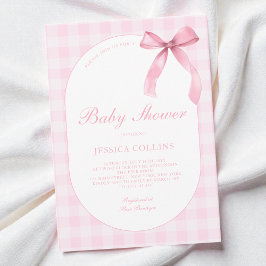Cute Gingham Watercolor Pink Bow Girl Baby Shower Inbjudningar