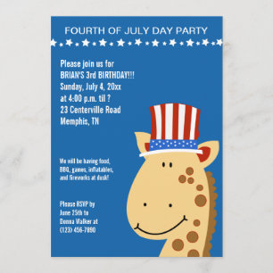 Cute Giraffe 4:e juli Birthday Inbjudan