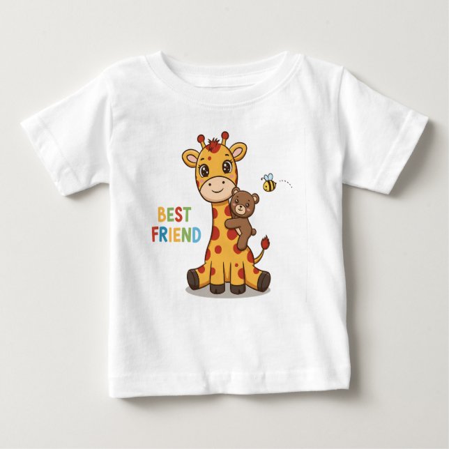 Cute Giraffe and Bear Best Friends Illustration T Shirt (Framsida)