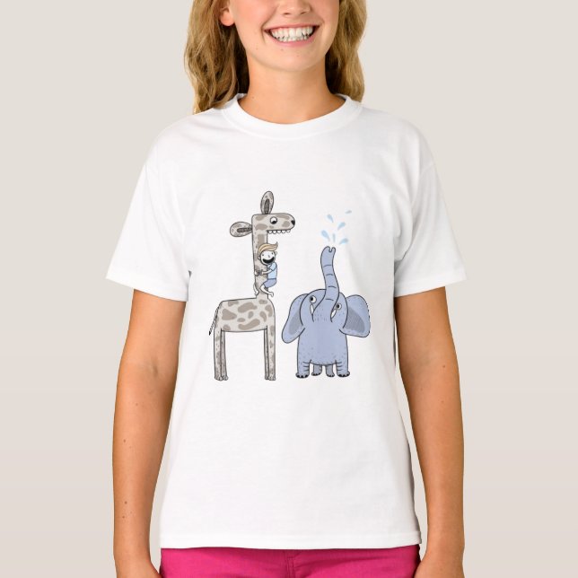 Cute Giraffe and Elephant Girls' T-Shirt (Framsida)
