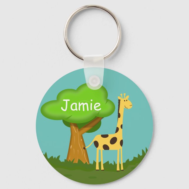 Cute Giraffe and Tree Art Personalised Keychain Nyckelring (Framsida)