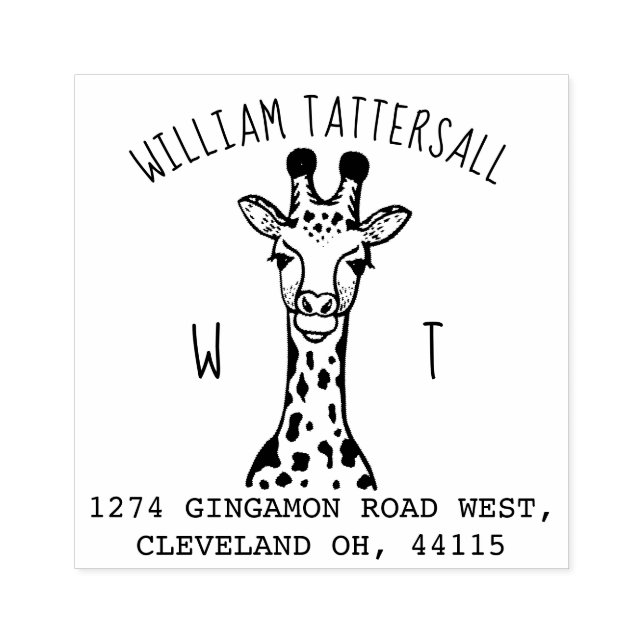 Cute Giraffe Animal Monogram & Namn Returadress Stämpel (Tryck)