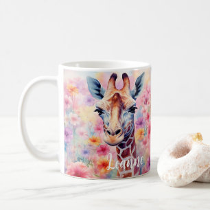 Cute Giraffe Ansikte med Rosa Flowers Kaffemugg