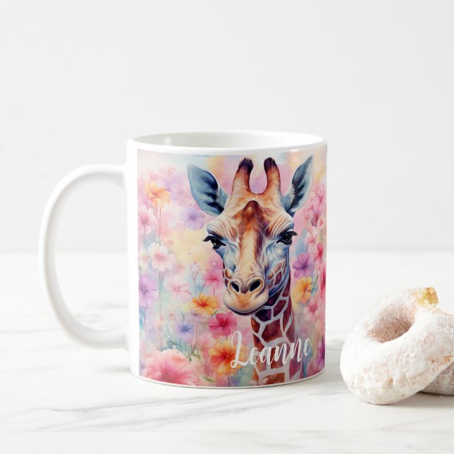 Cute Giraffe Ansikte med Rosa Flowers Kaffemugg (Med munk)