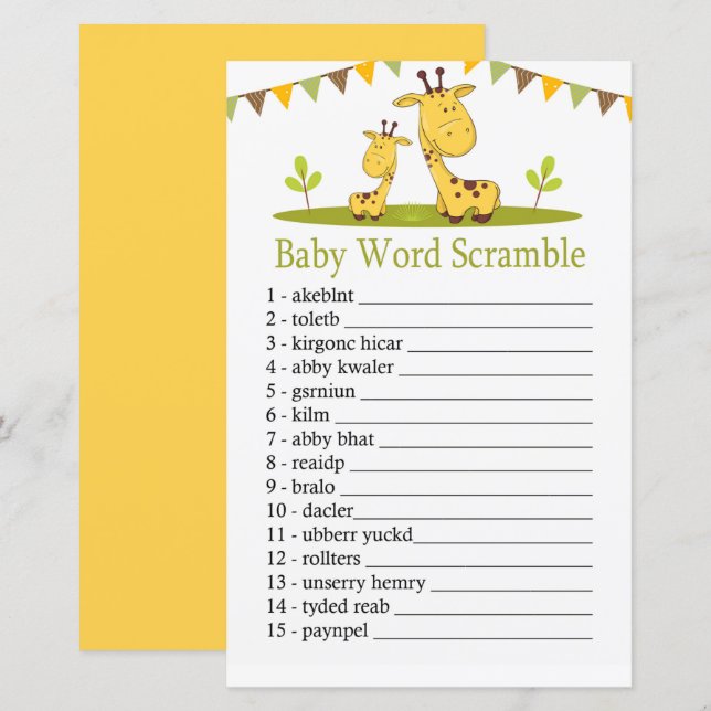 Cute giraffe Baby ord-lerspel (Fram/baksida)