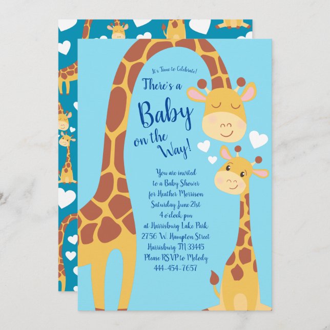 Cute Giraffe Baby Shower Blue Boy Inbjudningar (Fram/baksida)
