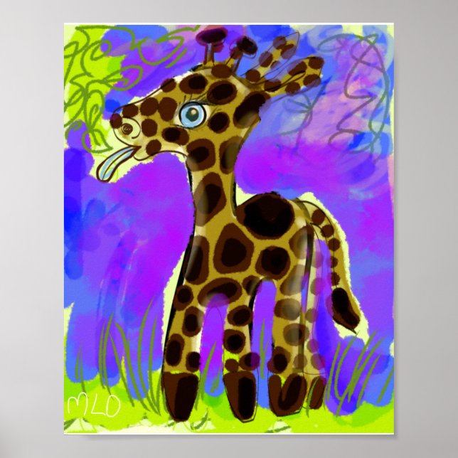 Cute Giraffe Baby som äter A Löv Art Poster (Framsidan)
