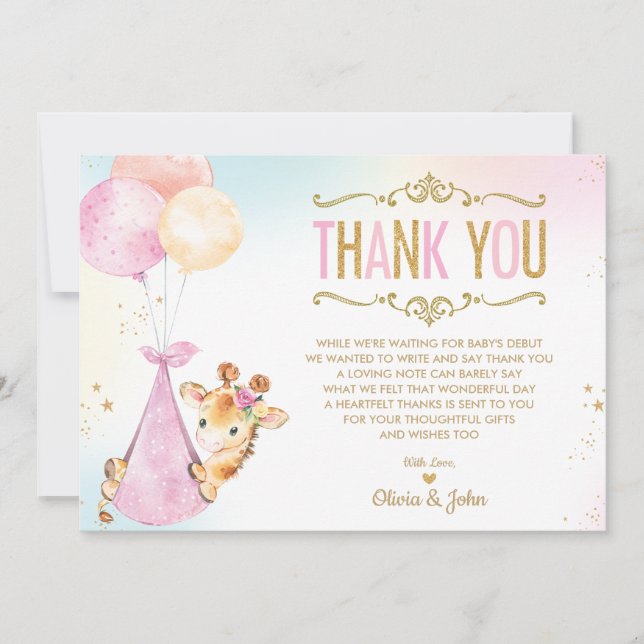 Cute Giraffe Balloons Girl Baby Shower Sprinkle Tack Kort (Framsida)