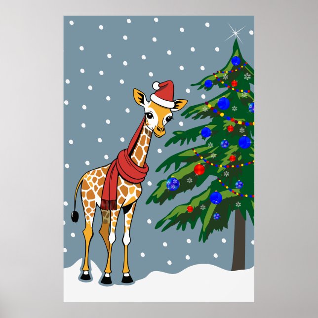 Cute Giraffe Beanie och Scarf med Julgran Poster (Framsidan)