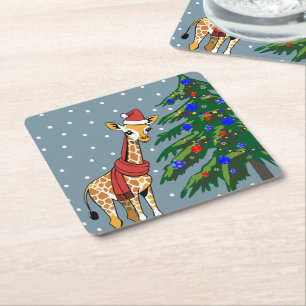 Cute Giraffe Beanie och Scarf med Julgran Underlägg Papper Kvadrat