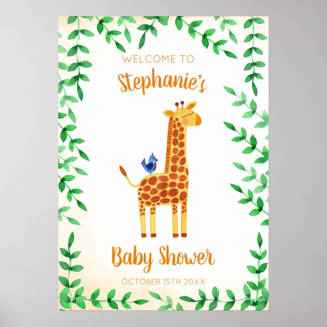 Cute Giraffe & Bird Watercolor Baby Shower Poster (Framsidan)