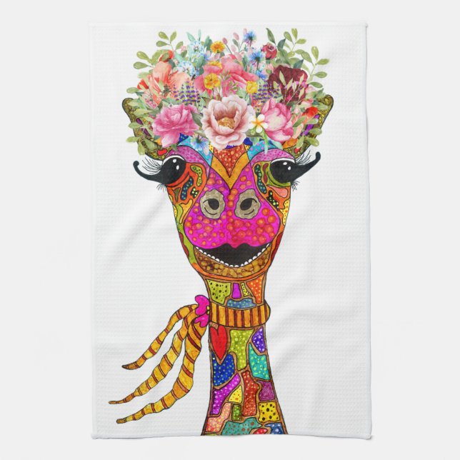 Cute Giraffe Blommigt Krona Kitchen Towel Kökshandduk (Vertikal)