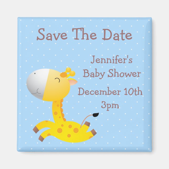 Cute Giraffe Blue Save Date Baby Shower Magnet (Framsidan)