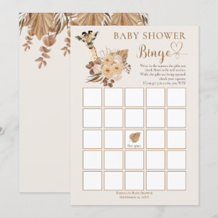 Cute Giraffe Boho, torkade gräs, babyskor Bingo Inbjudningar