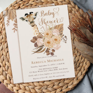 Cute Giraffe Boho, torkade gräs, babyskor Invita Inbjudningar