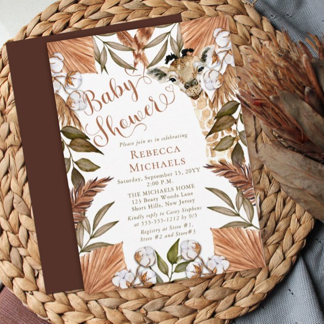 Cute Giraffe Boho, torkade gräsbebisskor Inbjudningar (Skapare uppladdad)