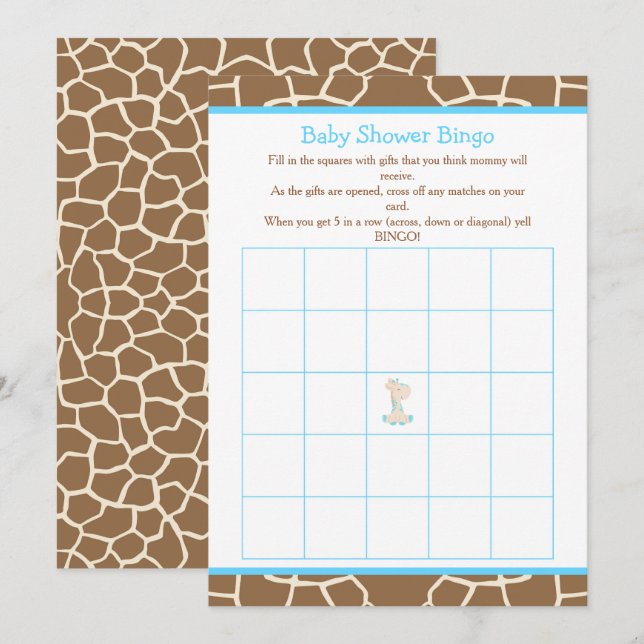 Cute Giraffe Boy Blue Shower Bingo Inbjudningar (Fram/baksida)