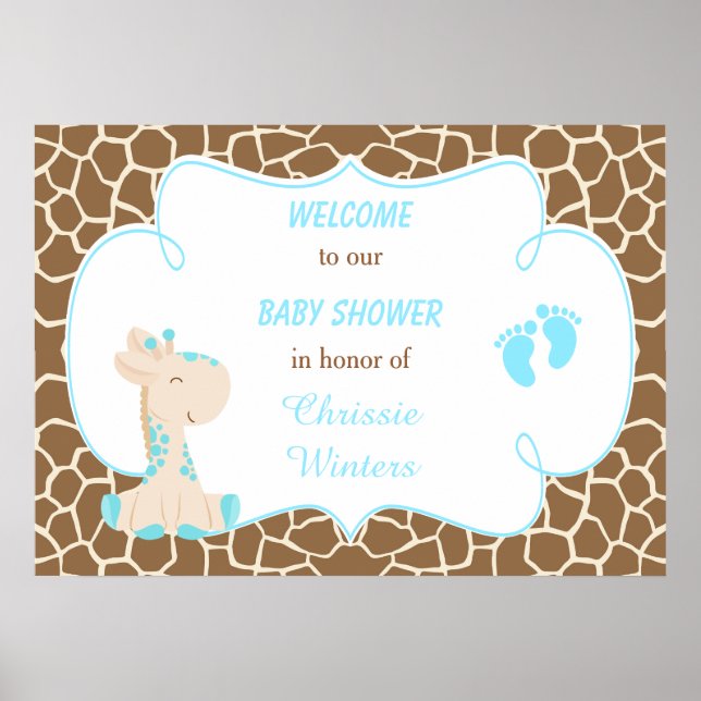 Cute Giraffe Boy Blue Shower Poster (Framsidan)