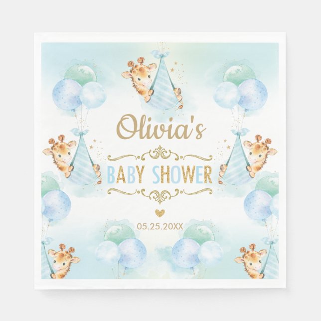 Cute Giraffe Boy Shower Blue Pappersservett (Framsidan)