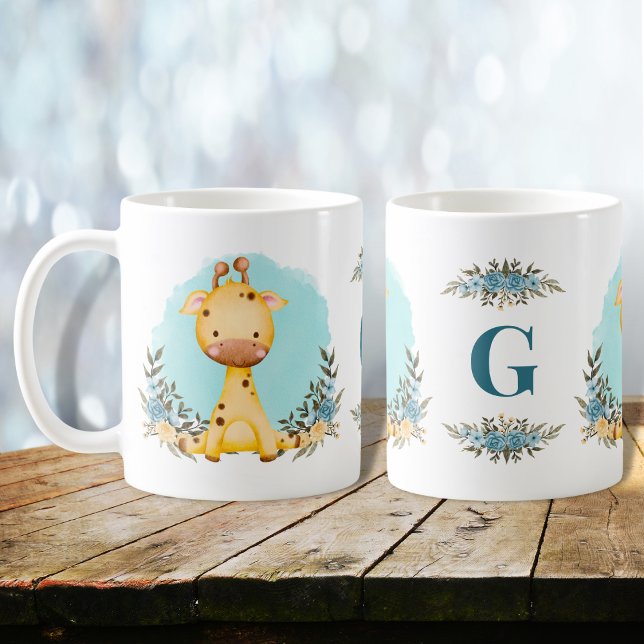 Cute Giraffe Charming Blommigt Monogram Kaffemugg (Skapare uppladdad)