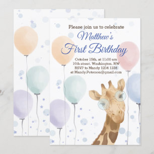 Cute Giraffe Colorful Balloon Boy Birthday Inbjudningar