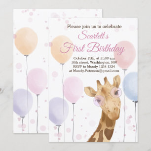 Cute Giraffe Colorful Balloon Girl 1:e födelsedage Inbjudningar