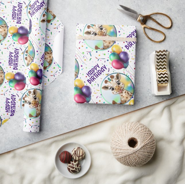 Cute Giraffe Colorful Confetti Barns födelsedag Pa Presentpapper (Hantverk)