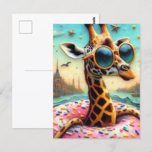 Cute Giraffe Enjoys a Flyt Resa i Doughnut Vykort