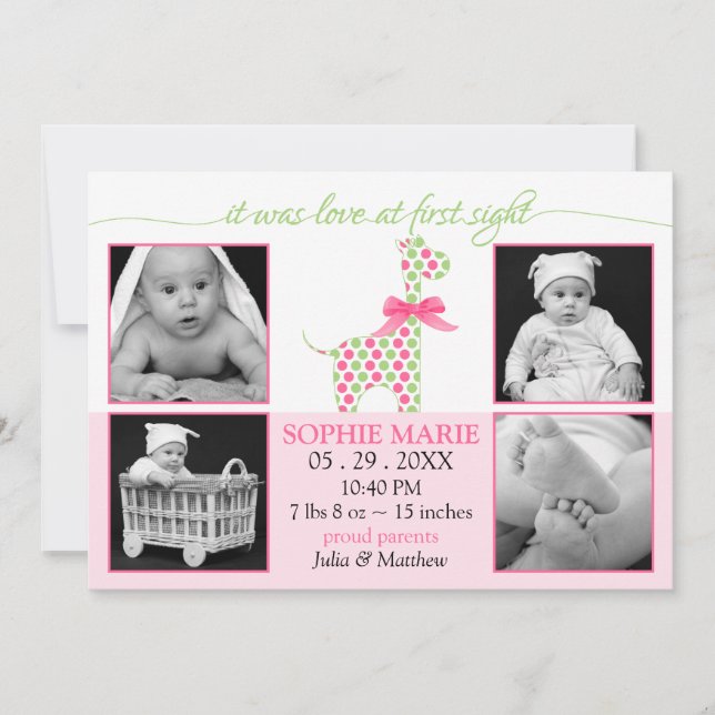 Cute Giraffe Flicka Photo Birth Notice Meddelande (Framsida)