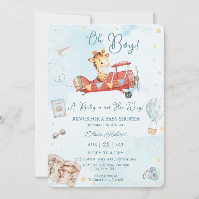Cute Giraffe Flygplan Äventyr Oh Boy Baby Shower Inbjudningar (Framsida)