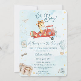 Cute Giraffe Flygplan Äventyr Oh Boy Baby Shower Inbjudningar