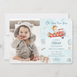 Cute Giraffe Flygplan flyger Äventyr Birthday Phot Inbjudningar
