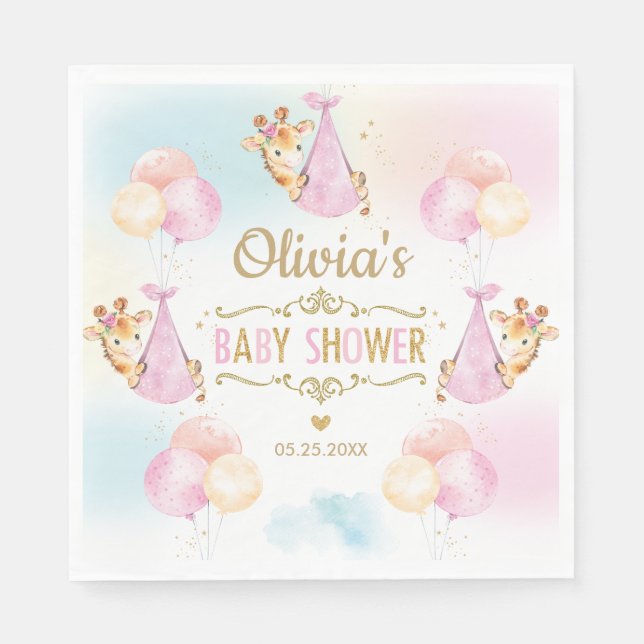 Cute Giraffe Girl Baby Shower Rosa Pappersservett (Framsidan)