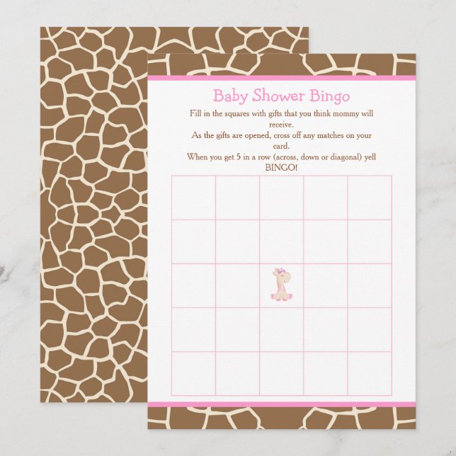 Cute Giraffe Girl Rosa Baby Shower Bingo Inbjudningar (Fram/baksida)
