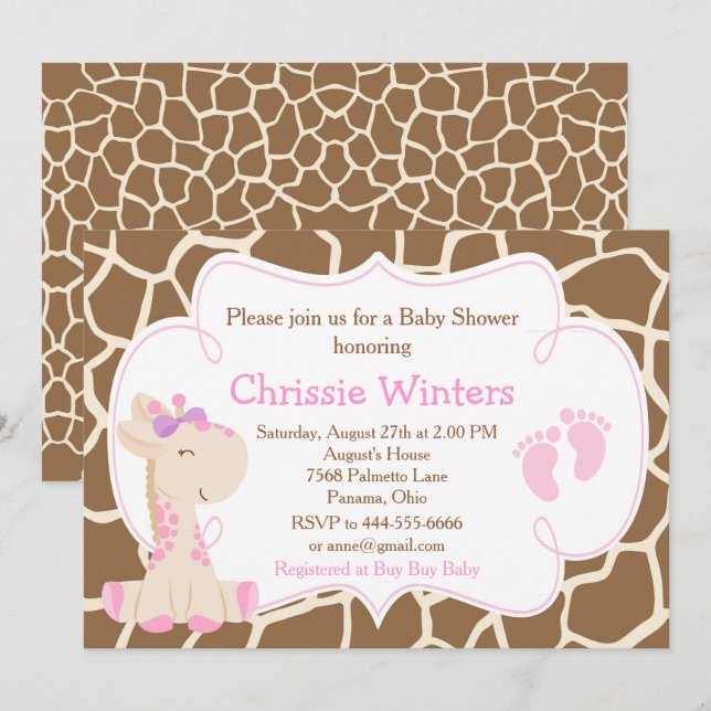 Cute Giraffe Girl Rosa Baby Shower Inbjudningar (Fram/baksida)