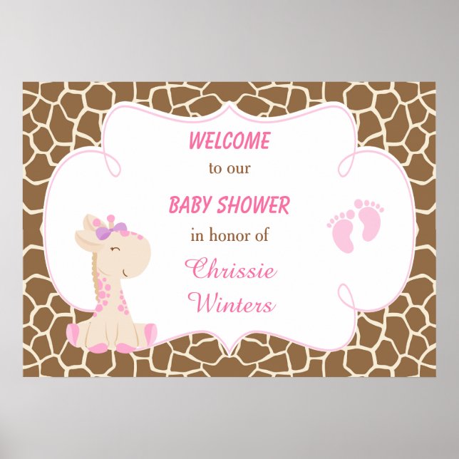 Cute Giraffe Girl Rosa Baby Shower Poster (Framsidan)
