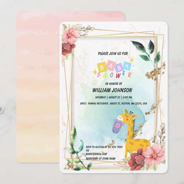 Cute giraffe Hängkläder Blommigt Babydusch Inbjudningar (Fram/baksida)