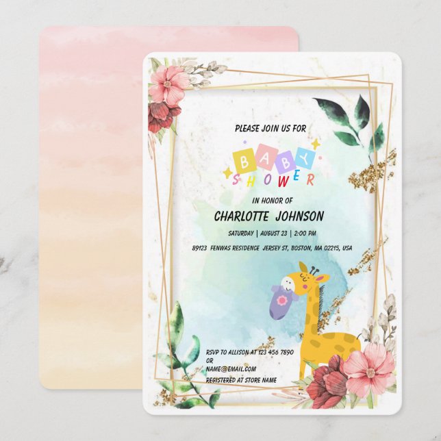 Cute giraffe Hängkläder Blommigt Babydusch Inbjudningar (Fram/baksida)