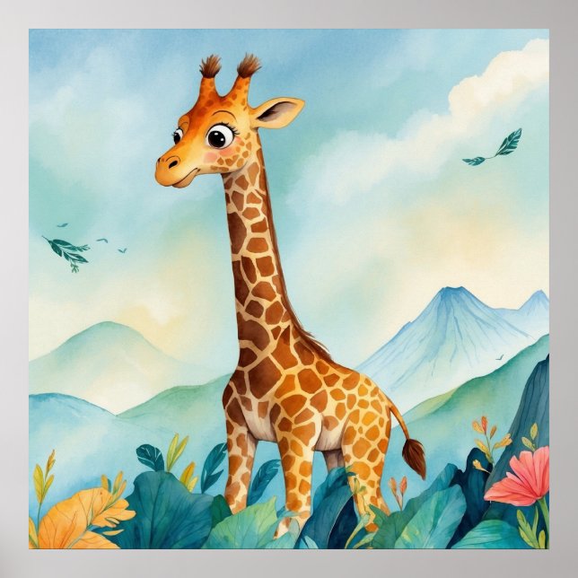 Cute Giraffe i bergen Nursery Poster (Framsidan)