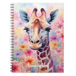Cute Giraffe i Rosa Flowers Anteckningsbok