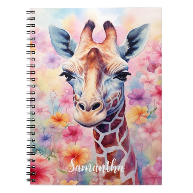 Cute Giraffe i Rosa Flowers Anteckningsbok (Framsidan)