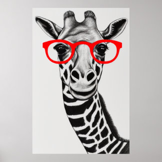 Cute Giraffe in Red Glasses Teckning Illustration Poster