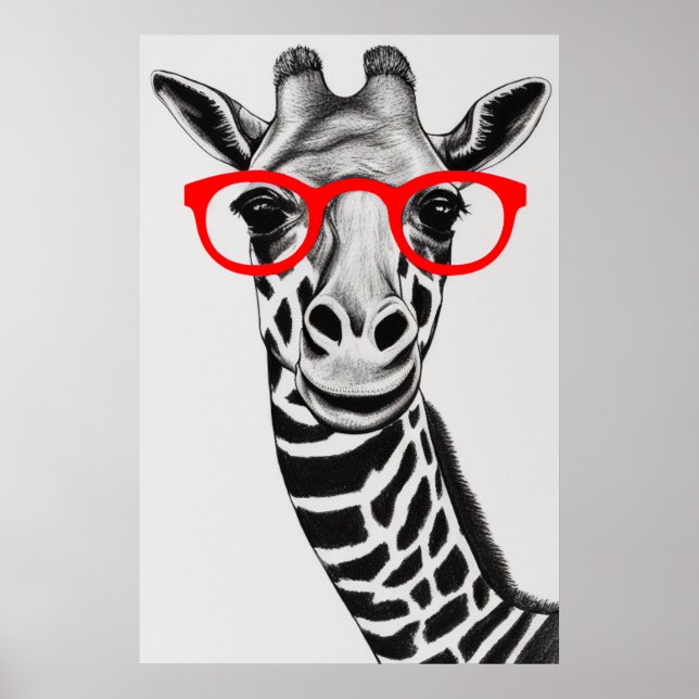 Cute Giraffe in Red Glasses Teckning Illustration Poster (Framsidan)