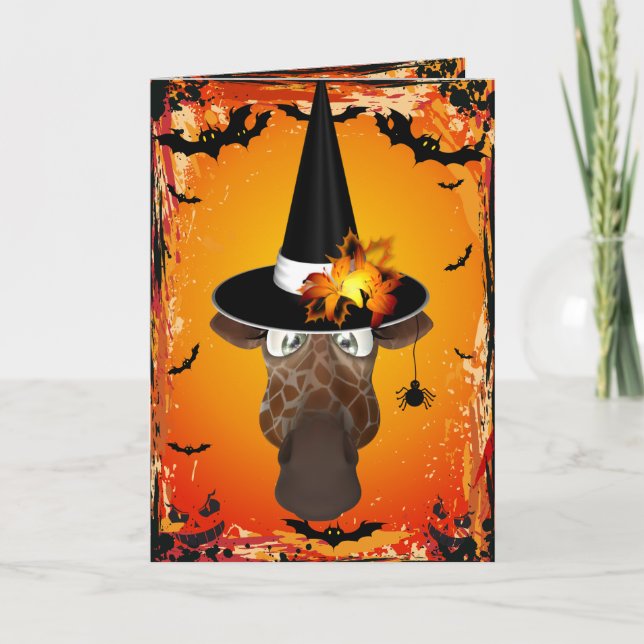 Cute Giraffe in Witches Hat Halloween Card Kort (Framsida)