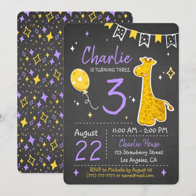 Cute Giraffe | Inbjudan till kalkbrädet på födelse (Fram/baksida)