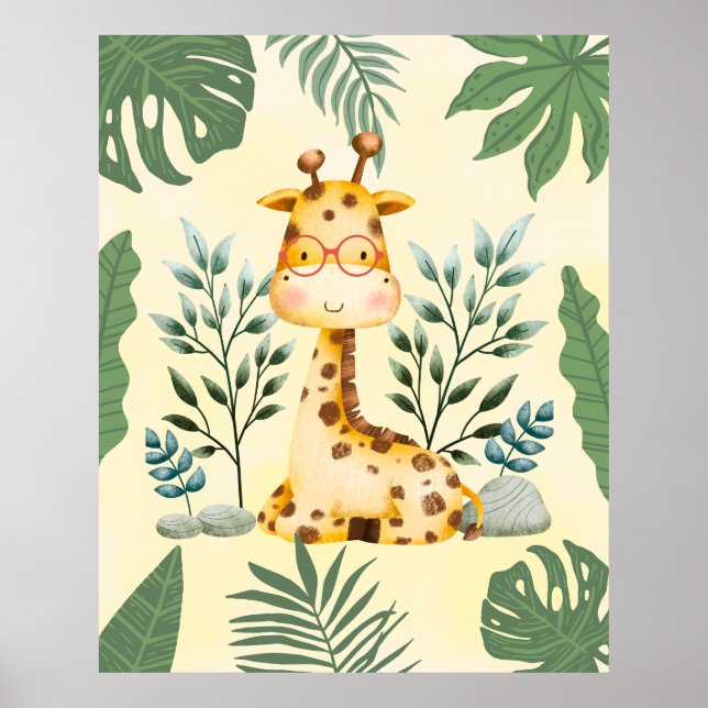 Cute Giraffe Jungle Glasses Nursery Decor Poster (Framsidan)