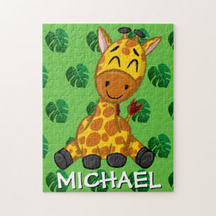 Cute Giraffe Jungle Grönt Namn Tecknad Rainforest Pussel