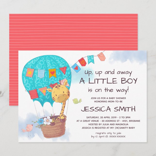 Cute Giraffe Luftballong Baby Shower Inbjudningar (Fram/baksida)