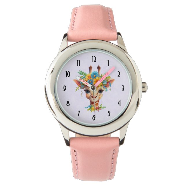 Cute Giraffe med Blommigt Krona Armbandsur (Framsida)